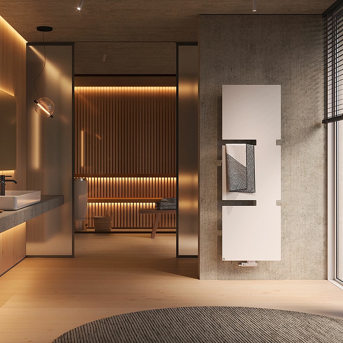 Tano  Bad- und Wohnheizkörper Tano mit drei Elementen und Handtuch in der Farbe weiß im Badezimmer