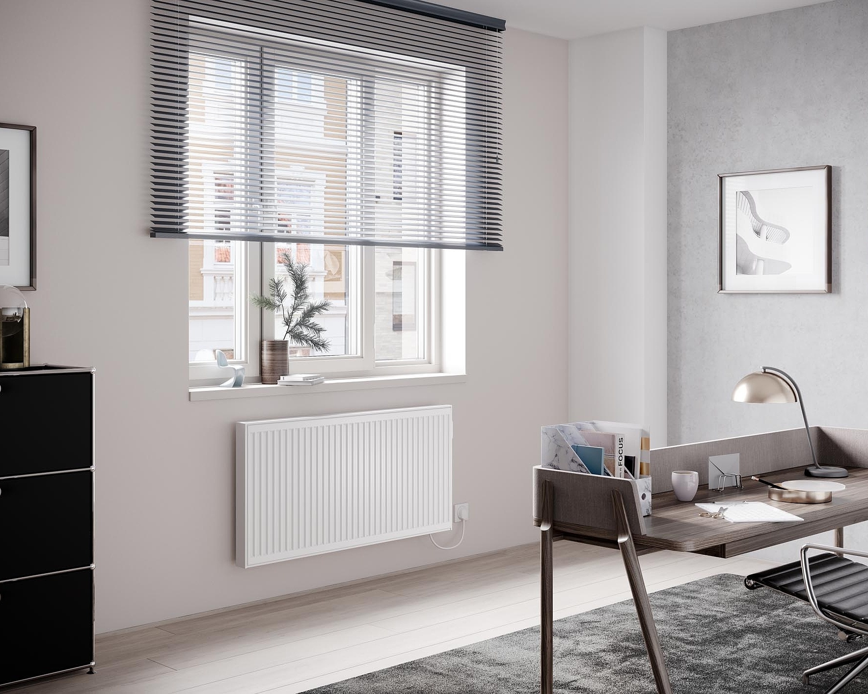 Kermi x-therm +e Profil horizontal electric steel panel radiators with a profiled surface look.